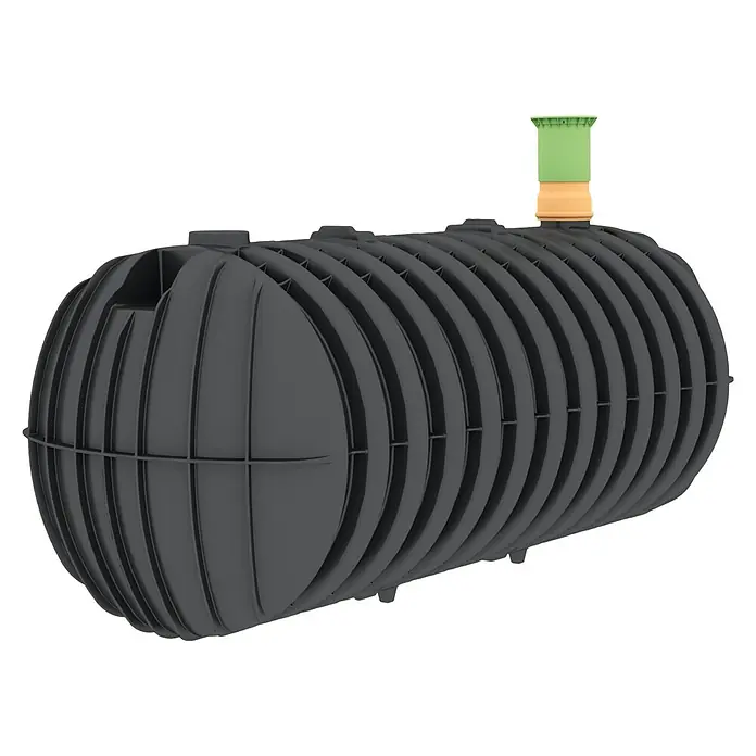 Garantia Zisterne Stabilus - Gesamt Fassungsvermögen: 3.000 l, Schwarz - Schwarzer, gerippter, zylindrischer unterirdischer Wassertank mit grünem und beigem Zugangsschacht auf schwarzem Hintergrund.