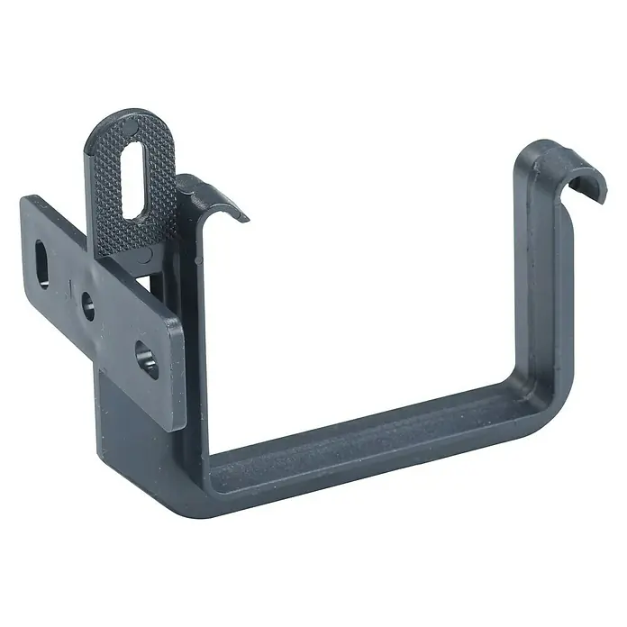 FunkeGruppe Dachrinnenhalter - Nennweite: 70 mm, Kunststoff, Anthrazit - Detailaufnahme einer grauen Dachrinnenhalterung aus Kunststoff mit Befestigungslöchern und Haken zur Anbringung an einem Gebäude.