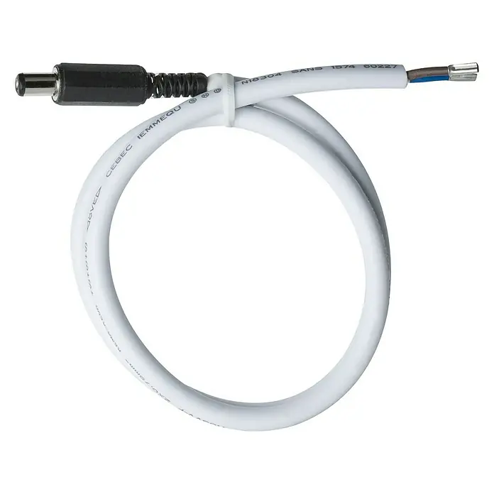 Paulmann YourLED Vorschaltgerät - 60 W, Kunststoff - Das Bild zeigt ein weißes Stromkabel mit einem schwarzen Stecker an einem Ende und abisolierten Drähten am anderen Ende.