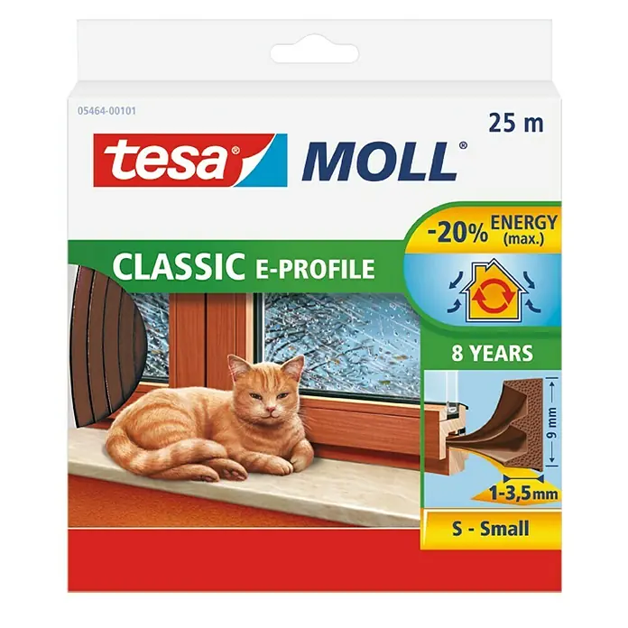 Tesa INSULATION Junta de perfil estriado E - Marrón, 25 m - Embalaje del producto para cinta aislante Tesa Moll Classic E-Profile, rollo de 25 m, para ahorrar energía, dura 8 años.
