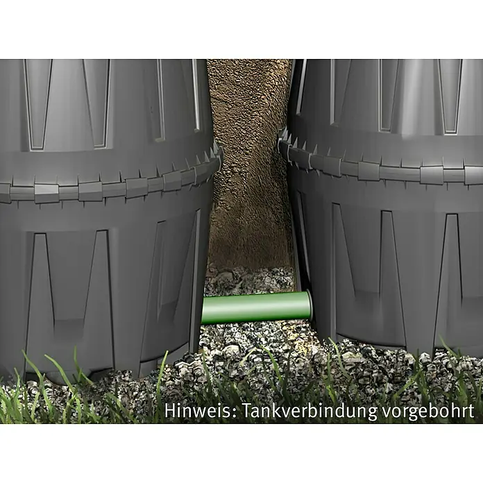 Garantia Zisterne Herkules - Gesamt Fassungsvermögen: 3.200 l, Schwarz - Bild zeigt zwei Tanks verbunden durch eine grüne Leitung, Hinweis auf vorgebohrte Tankverbindung.