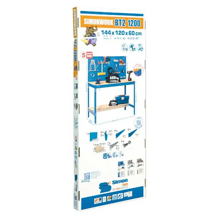 Simonrack Simonwork Werkbank BT2 1200 - Blau/Holz, Breite: 121 cm - Das Bild zeigt eine Verpackung für eine Simonwork BT2 1200 Werkbank mit den Maßen 144x120x60 cm und einer Traglast von 600 kg.