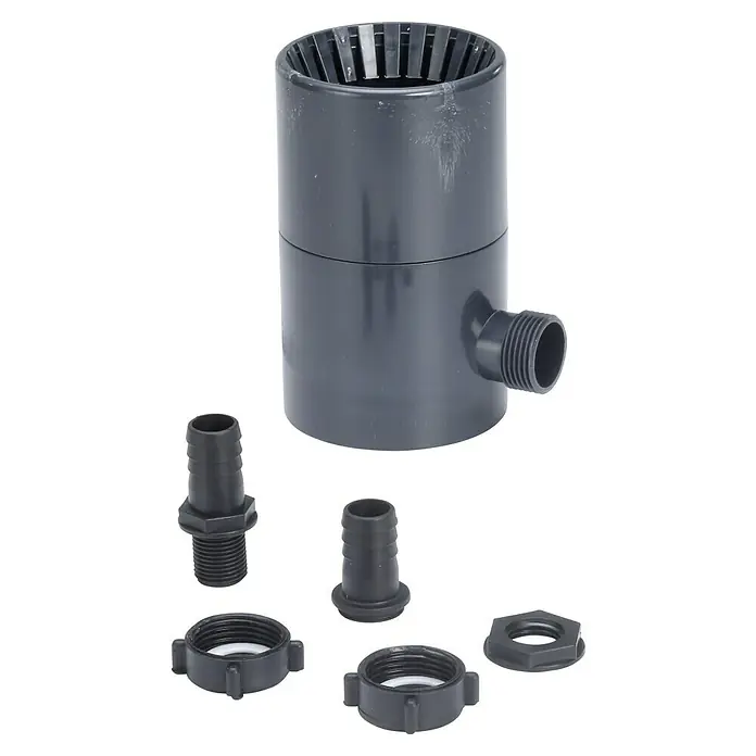 FunkeGruppe Regensammler - Nennweite: 75 mm, Anthrazit - Schwarz-grauer Teichfilter mit mehreren Anschlüssen und Zubehör für eine effiziente Teichreinigung und Wasserqualität.