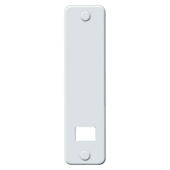 Schellenberg Embellecedor 53802 - L x An x Al: 210 x 64 x 9 mm, Plástico, Blanco - Un pestillo de puerta de plástico blanco oblongo con un corte rectangular y dos puntos de montaje redondos.