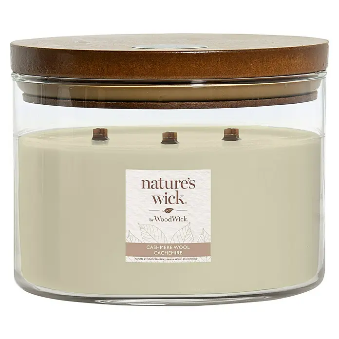 Woodwick Nature's Wick Duftkerze - Im Glas, Cashmere Wool, Anzahl Dochte: 3 Stk. - Ein großes Nature's Wick Duftkerze mit Cashmere Wool Duft, mit Holzdeckel und drei Holzdochten.