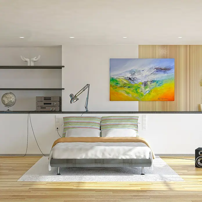 Alverlamp Foco empotrable Orientable - 7 W, Ø x Al: 8,2 x 3 cm, Blanco, Blanco frío - Dormitorio con cama moderna, arte colorido e iluminación elegante para un ambiente relajante.