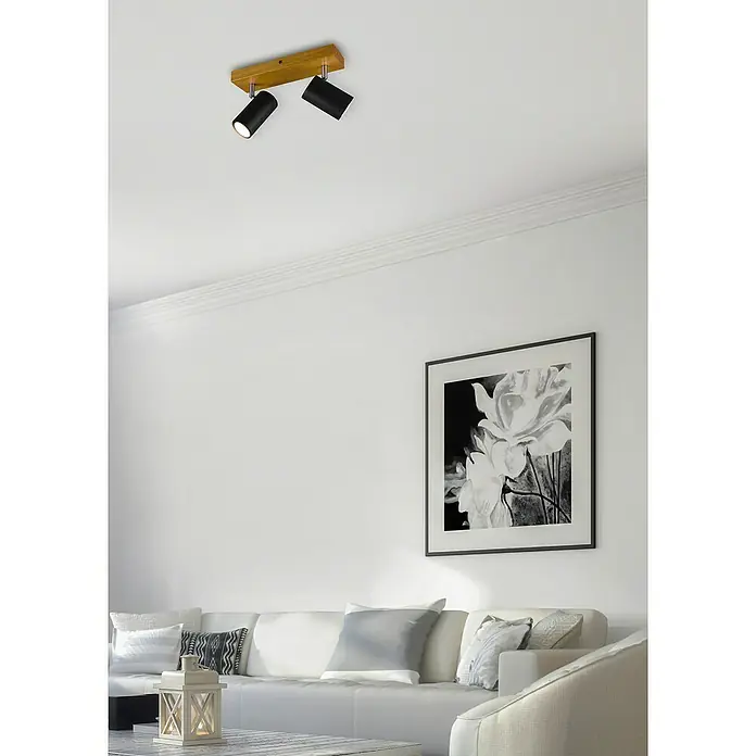 Trio Leuchten Marley Deckenstrahler - 70 W, L x B x H: 9 x 26 x 16 cm, Schwarz, GU10, 2 Stk. - Moderne Deckenleuchte mit zwei schwarzen Strahlern an einer Holzhalterung, ideal für stilvolle Innenräume und gezielte Beleuchtung.