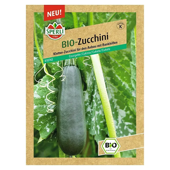 Sperli Gemüsesamen BIO Kletterzucchini - Cucurbita pepo, Saatzeit: März, Erntezeit: Juni - Bio-Zucchini Samen von Sperli, ideal für den Anbau mit Rankhilfen. Die Packung verspricht eine reiche Ernte dieser Kletterzucchini.