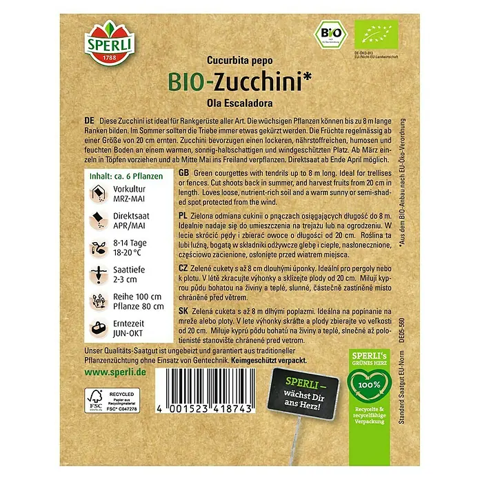 Sperli Gemüsesamen BIO Kletterzucchini - Cucurbita pepo, Saatzeit: März, Erntezeit: Juni - Samenpackung Bio-Zucchini Ola Escaladora von Sperli.