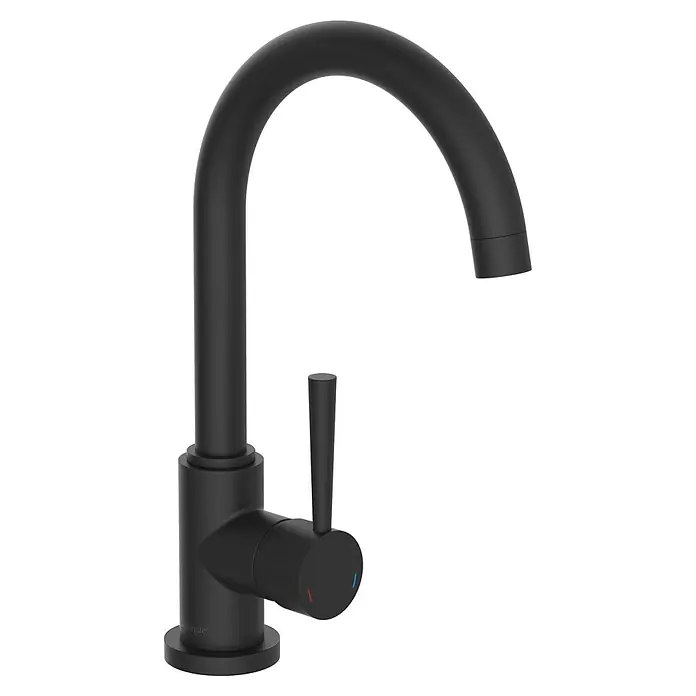 Camargue Merida Spültischarmatur - Niederdruck, Schwarz - Schwarzer Wasserhahn mit geschwungener Form und Hebel zur Bedienung der Wassertemperatur für moderne Küchen und Bäder.
