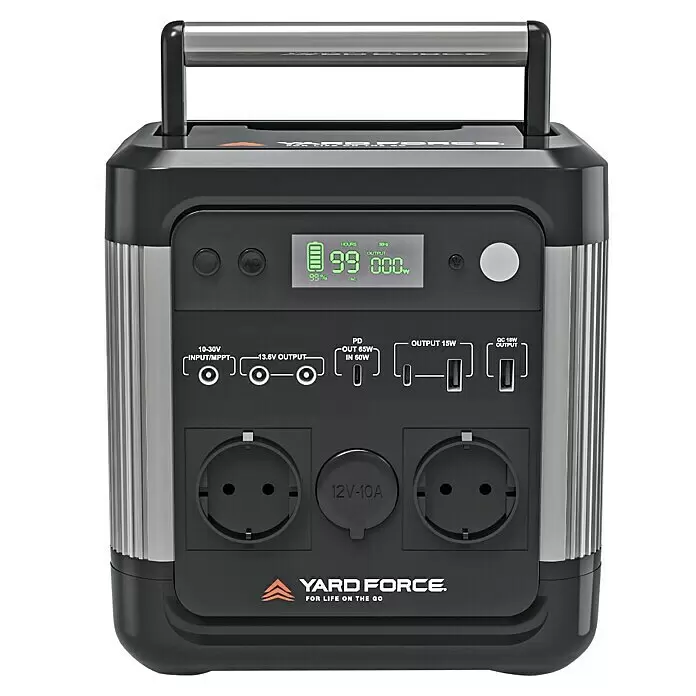 Yard Force Set Powerstation LX PS600 + Solarmodul Flex LX SPP20 - 518 Wh - Schwarze und silberne tragbare Powerstation mit digitalem Display und diversen Stromanschlüssen.