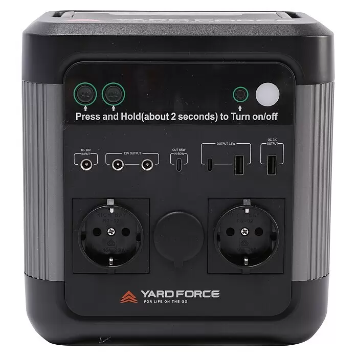 Yard Force Set Powerstation LX PS600 + Solarmodul Flex LX SPP20 - 518 Wh - Schwarz-graue tragbare Powerstation mit mehreren AC-, DC- und USB-Ausgängen sowie Bedientasten.