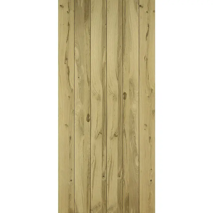 Radex Holzschiebetür Modern Rustic - 95 x 210 cm, Kiefer, Balkeneiche - Nahaufnahme einer Holzpaneele mit vertikalen Brettern in hellbrauner Farbe und natürlicher Maserung. Ideal für rustikale Akzente.