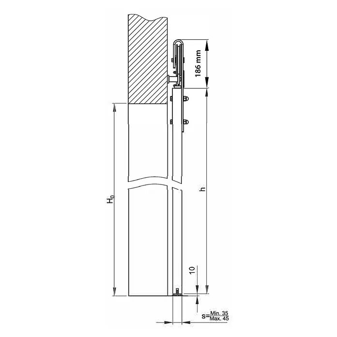 Radex Holzschiebetür-Beschlag Izyda - 2.000 mm, Traglast: 100 kg - Eine technische Zeichnung eines Schiebetürsystems, das an einer Wand montiert ist, mit Maßangaben.