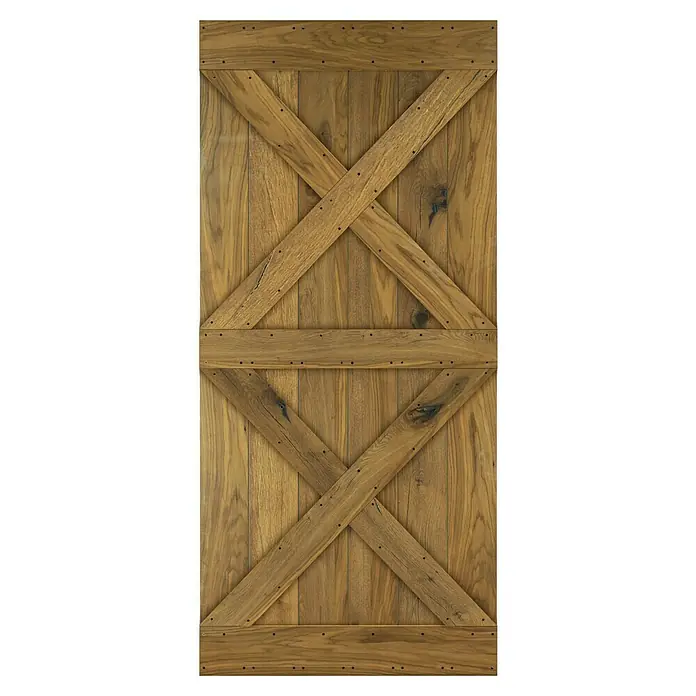 Radex Holzschiebetür Modern Rustic - 95 x 210 cm, Kiefer, Eiche Bronze - Detailansicht einer rustikalen Holztür im Scheunenstil mit markanter X-förmiger Verstrebung und sichtbaren Holzmaserungen für ein authentisches Erscheinungsbild.