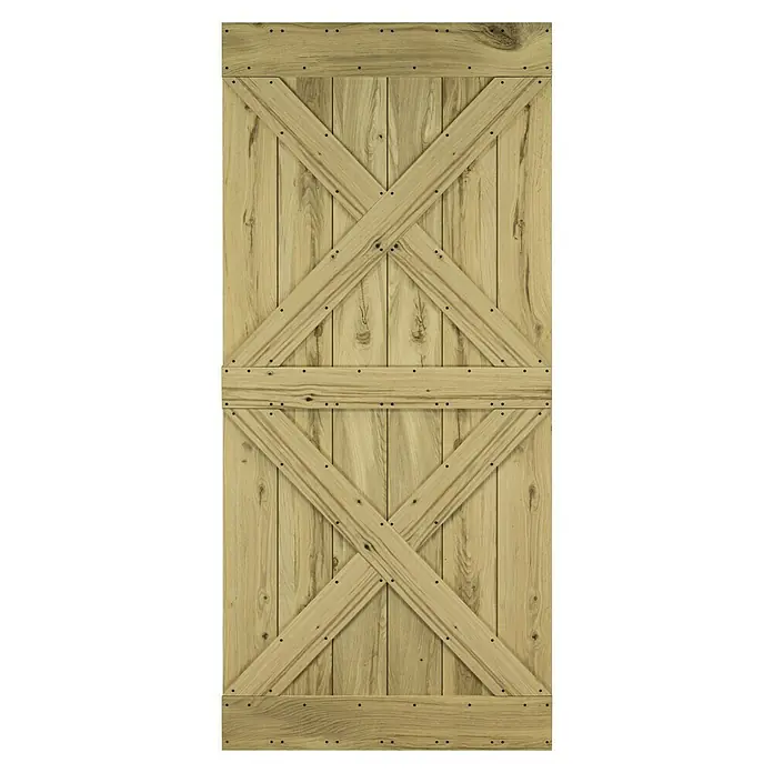 Radex Holzschiebetür Modern Rustic - 95 x 210 cm, Kiefer, Balkeneiche - Holzschiebetür im Scheunenstil. Rustikale Optik mit gekreuzten Brettern und natürlicher Holzmaserung. Ideal für Innenräume.