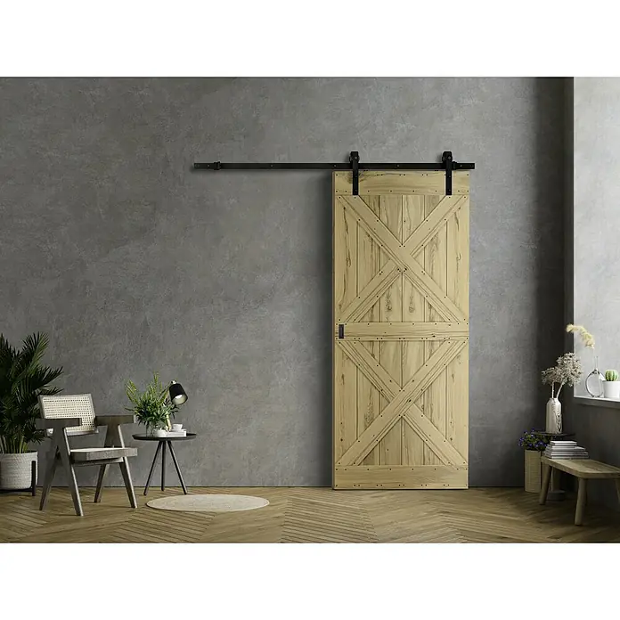 Radex Holzschiebetür Modern Rustic - 95 x 210 cm, Kiefer, Balkeneiche - Holzschiebetür im Scheunenstil. Das markante Design der Tür ergänzt den Raum perfekt und sorgt für einen rustikalen Charme.