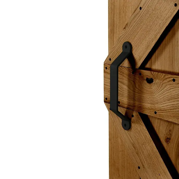 Radex Griff - 255 x 47 x 35 mm, Stahl, Schwarz matt - Nahaufnahme eines rustikalen Holzscheunentors mit einem markanten, schwarzen Griff. Das Design betont die natürliche Holzmaserung und robuste Bauweise.