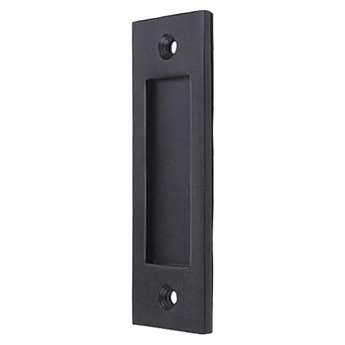 Radex Griffmuschel - 100 x 45 x 6 mm, Stahl, Schwarz matt - Nahaufnahme eines schwarzen, rechteckigen Griffmulde für Schiebetüren mit zwei Schrauben.