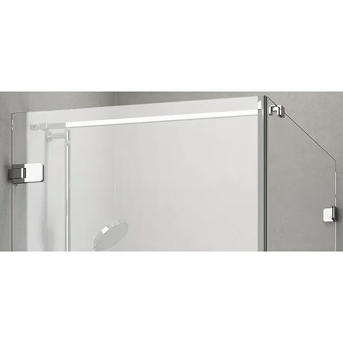 Camargue Air Eckdusche C24+C27 - 97,5 x 87,5 x 200 cm, Beschichtet, Silber, Glasstärke: 8 mm - Detailaufnahme einer modernen Duschkabine mit klaren Glaswänden und eleganten Chrombeschlägen, die ein minimalistisches Baddesign unterstreichen.