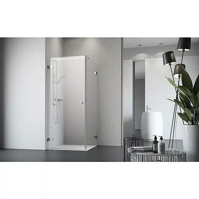 Camargue Air Eckdusche C24+C27 - 97,5 x 87,5 x 200 cm, Beschichtet, Silber, Glasstärke: 8 mm - Klarglas-Duschkabine mit Chrombeschlägen.
