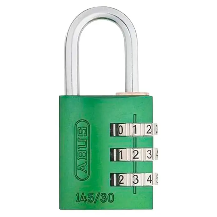 Abus Candado con combinación 145/30 - An x L: 31,5 x 65 mm, Aluminio, Número de dígitos en combinación: 3 ud., Verde - La imagen muestra un candado de combinación verde ABUS 145/30 con un arco plateado.