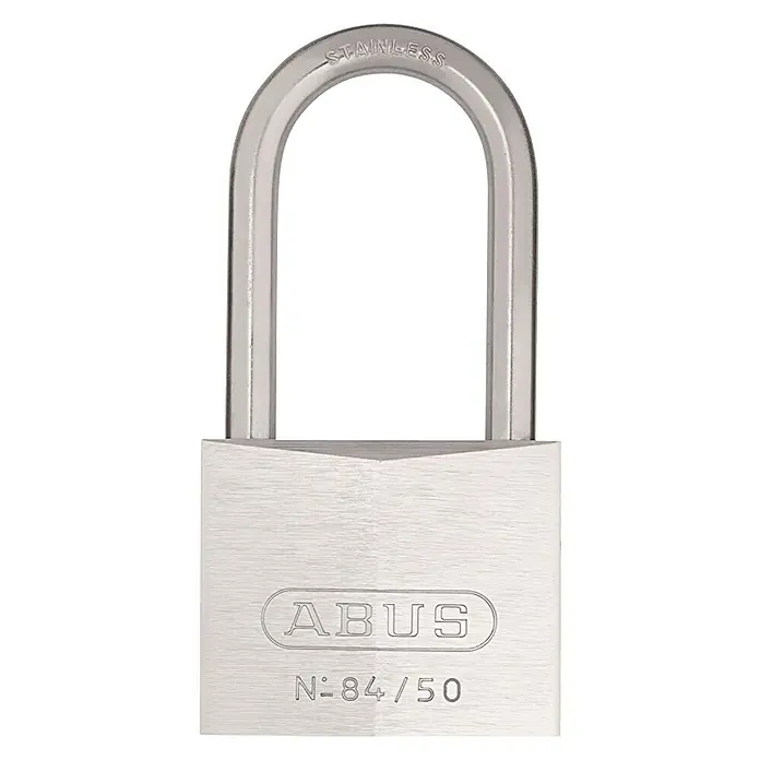 Abus Candado 84IB/50HB50 - An x Al: 37 x 49 mm, Latón, Arco alto - Candado de acero inoxidable de ABUS, modelo N-84/50, duradero y fiable para un uso versátil en interiores y exteriores.