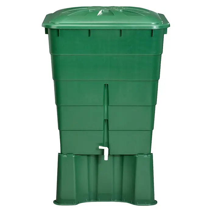 Garantia Basic Line Regentonne - 300 l, Grün - Ein grüner Wurmkomposter mit mehreren Ebenen und einem weißen Hahn, ideal für die Kompostierung von Küchenabfällen und Gartenabfällen.