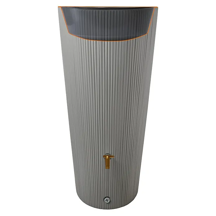 4rain Regenspeicher Vaso Decor 2in1 - 220 l, Zinkgrau - Ein grauer, gerillter Regenspeicher mit offenem Oberteil und Messinghahn, ideal für die Gartenbewässerung und umweltfreundliche Wassernutzung.