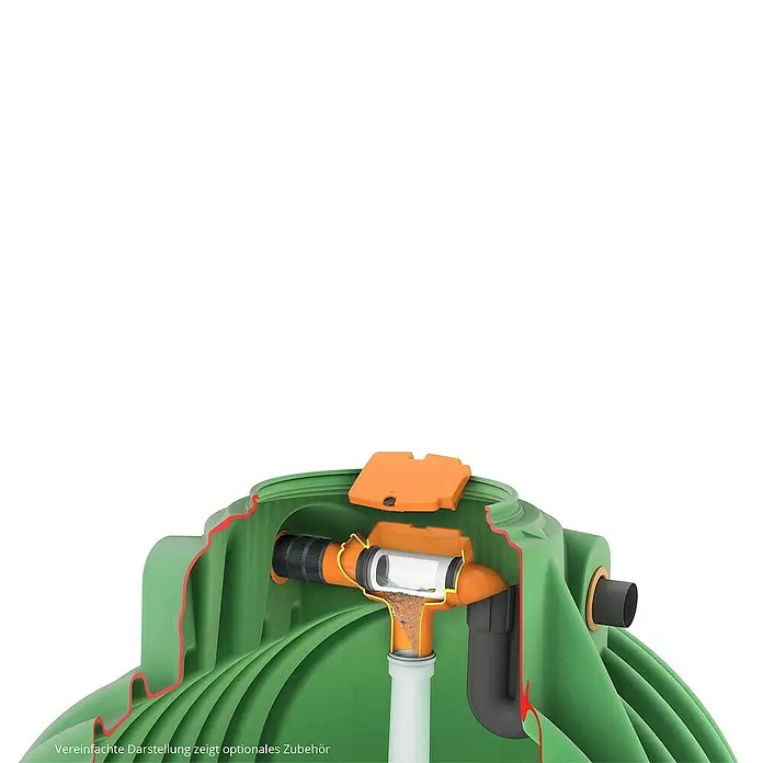 Garantia Regenwasserfilter Supra Intern - Mit gebogenem Abgang, Passend für: Garantia ProLine Regenwassertank Columbus, Garantia Erdtanks - Ansicht eines Regenwassertanks mit Filter. Vereinfachte Darstellung optionales Zubehör.
