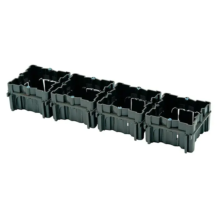 Famatel Caja de empotrar - 6,6 x 6,6 x 4,4 cm, x 4, Negro, 20 ud. - Fila de cuatro cajas eléctricas modulares negras diseñadas para una fácil instalación de componentes eléctricos dentro de las paredes.