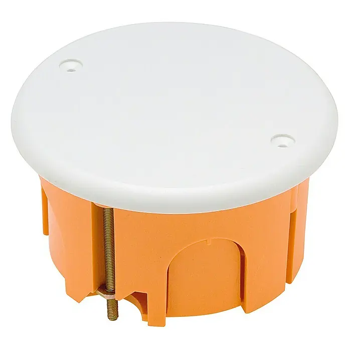Famatel Caja de empotrar con tapa - L x An x Al: 6,7 x 6,7 x 3,9 cm, Empotrado - Caja de conexiones redonda naranja con tapa blanca y tornillo, ideal para instalaciones eléctricas interiores.