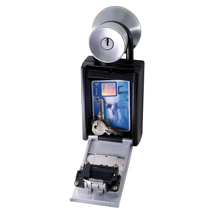 Abus Schlüsselbox Key Garage 797 - Geeignet für: Bis zu 20 Schlüssel, L x B x H: 45 x 85 x 180 mm, Ohne LED-Beleuchtung - Ein Schlüsseltresor mit Türknauf, der geöffnet ist und Schlüssel, eine Payback Karte sowie eine Reset Taste im Inneren zeigt.