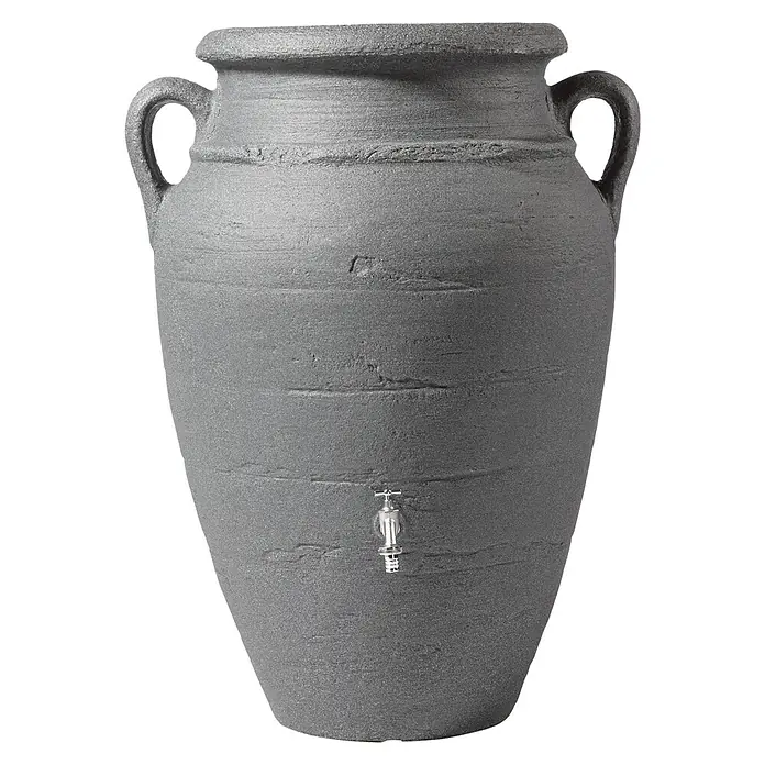 Garantia Exklusive Line Regenspeicher Amphore - 360 l, Darkgranite - Graue Amphore mit zwei Griffen und einem Wasserhahn. Der dekorative Regenspeicher ist ideal für den Garten.