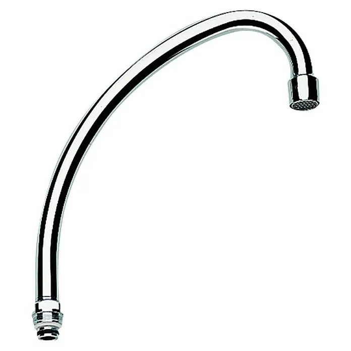 Grohe HU-Rohrauslauf - Chrom, Messing, Ausladung: 185 mm - Verchromter Wasserhahn mit gebogener Form und geriffelter Düse für ein modernes Badezimmerdesign.