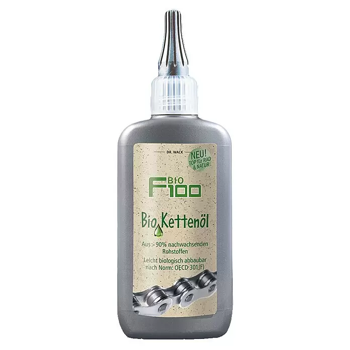Dr. Wack Kettenöl F100 Bio - 100 ml - Graue Flasche Dr. Wack F100 Bio Kettenöl mit silbernem Applikator, Fahrradkette auf dem Etikett. Biologisch abbaubar, aus nachwachsenden Rohstoffen.