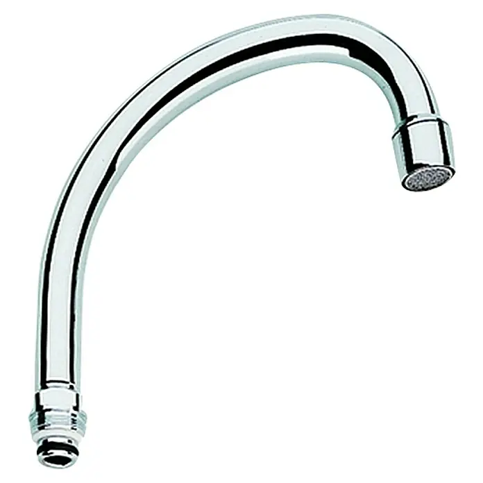Grohe Rohrauslauf - Chrom, Messing, Ausladung: 140 mm - Ein verchromter, gebogener Wasserhahn mit einem perlenden Auslauf vor einem schwarzen Hintergrund.