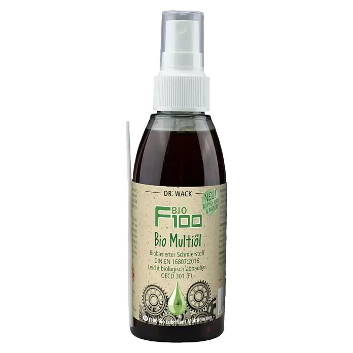 Dr. Wack Multiöl F100 - 150 ml - Dunkle Sprühflasche DR. WACK BIO F100 Bio Multiöl mit weißem Sprüher und transparenter Kappe. Das beigefarbene Etikett hebt biologische Schmiereigenschaften hervor.