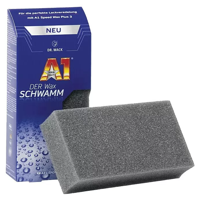 Dr. Wack Autoschwamm A1 - 15 x 8 mm, 1 Stk., Geeignet für: Wachse - Ein grauer Schaumstoff-Autowachs-Applikatorschwamm neben seiner blauen Dr. Wack A1 Verpackung.