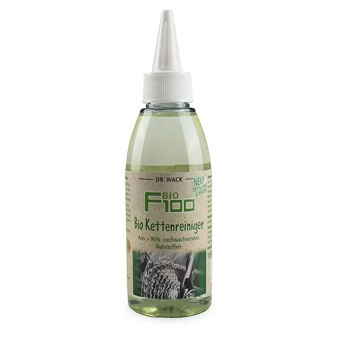 Dr. Wack Kettenreiniger F100 - 150 ml - Flasche DR. WACK BIO F100 Bio Kettenreiniger, klare Flasche mit weißer Düse, hellgrüner Flüssigkeit und braunem Etikett.