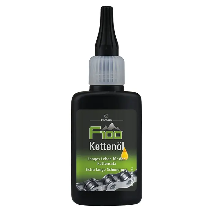 Dr. Wack Kettenöl F100 - 50 ml - Abbildung einer schwarzen Flasche F100 Kettenöl, ein hochwertiges Schmiermittel für Fahrradketten für lange Lebensdauer und extra Schmierung.