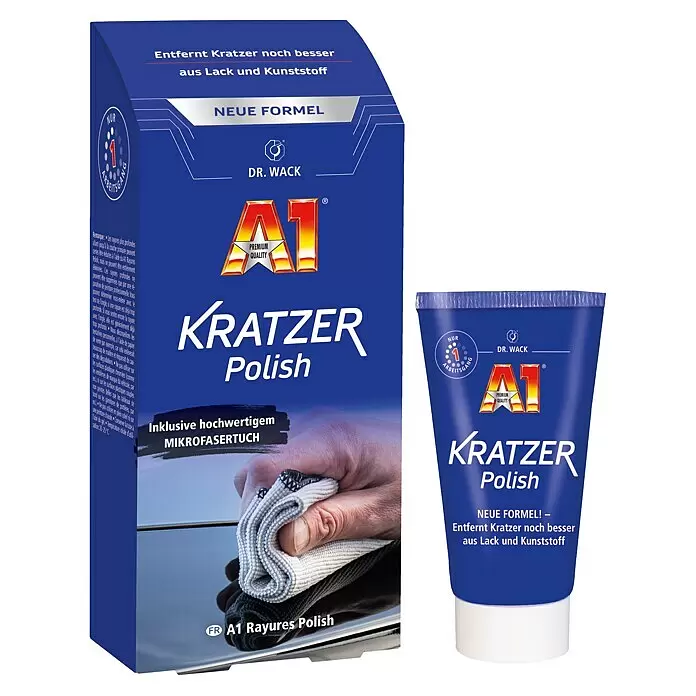 Dr. Wack Kratzer-Entferner A1 Kratzer Polish - 50 ml, Geeignet für: Autolacke - Dr. Wack A1 Kratzer Polish Karton und Tube. Blaue Verpackung für Kratzerentferner für Lack und Kunststoff, inklusive Mikrofasertuch.