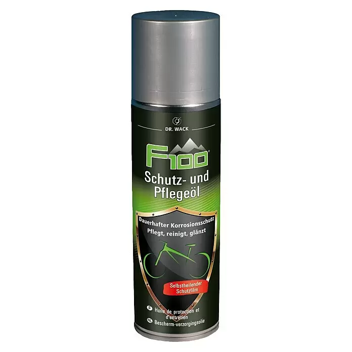 Dr. Wack Pflege- & Wartungsspray F100 - 300 ml, Geeignet für: Fahrräder - Silber-dunkelgrüne Dr. Wack F100 Schutz- und Pflegeölspraydose mit Fahrradgrafik für Korrosionsschutz.