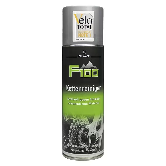 Dr. Wack Fahrradreiniger F100 - 300 ml - Graue Sprühdose Dr. Wack F100 Fahrradkettenreiniger mit schwarz-grünem Etikett.