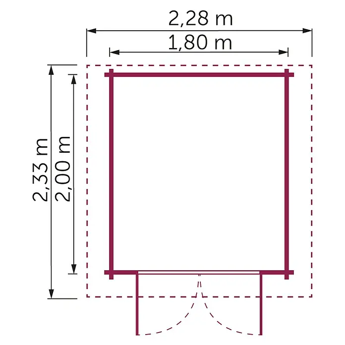 Kiehnholz Gartenhaus Mikka - Außenmaß inkl. Dachüberstand (B x T): 228 x 233 cm, Holz, Natur, Satteldach - Grundrisszeichnung eines Gartenhauses mit Maßangaben.