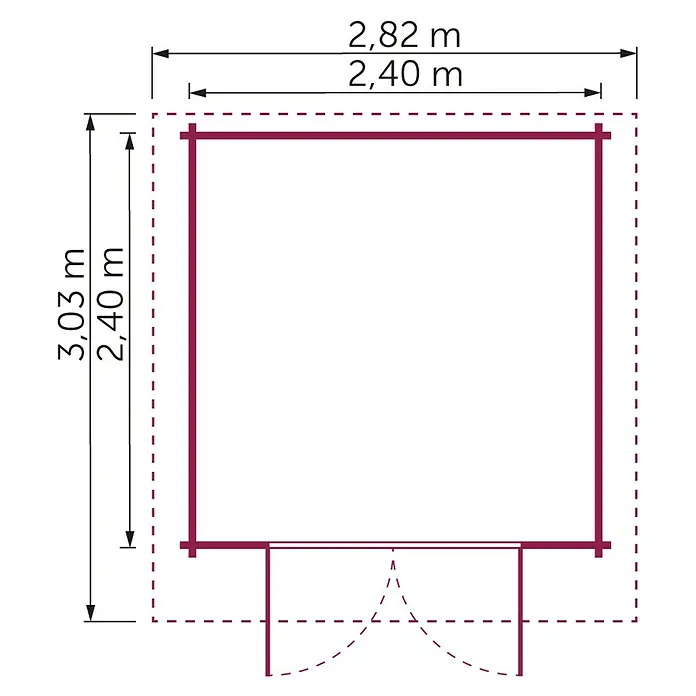 Kiehnholz Gartenhaus Vaasa - Außenmaß inkl. Dachüberstand (B x T): 280 x 300 cm, Holz, Natur - Grundriss eines kleinen, rechteckigen Gartenhauses mit den Maßen 2,82 m x 3,03 m und einer Tür in der Mitte.