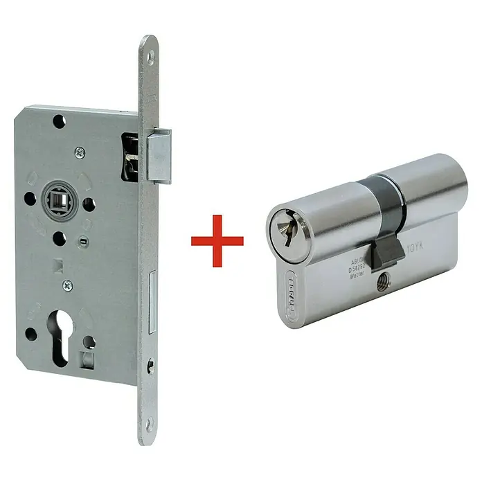 Abus Einsteckschloss ES PZ2 R S + CITADEL N 30/30 - Öffnungsrichtung nach DIN: Rechts, Profilzylinder, 155 x 85 x 14 mm - Ein silberfarbenes Türschlossgehäuse mit einem Pluszeichen daneben und einem silberfarbenen Schließzylinder.