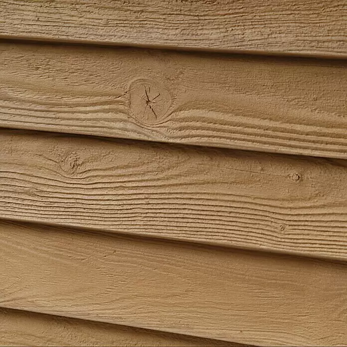 Garantia Exklusive Line Regenspeicher Woody - 350 l, Lightwood - Strukturierte, hellbraune Holzfassade mit sichtbarer Maserung und Ästen, in horizontalen überlappenden Paneelen.
