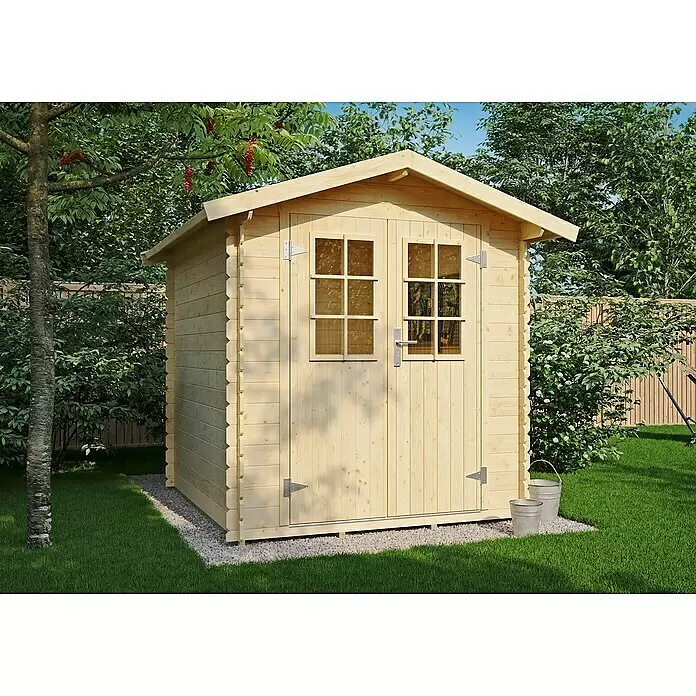 Kiehnholz Gartenhaus Mikka - Außenmaß inkl. Dachüberstand (B x T): 228 x 233 cm, Holz, Natur, Satteldach - Heller Holzschuppen mit Doppeltüren und Fenstern auf Kies im grünen Garten.
