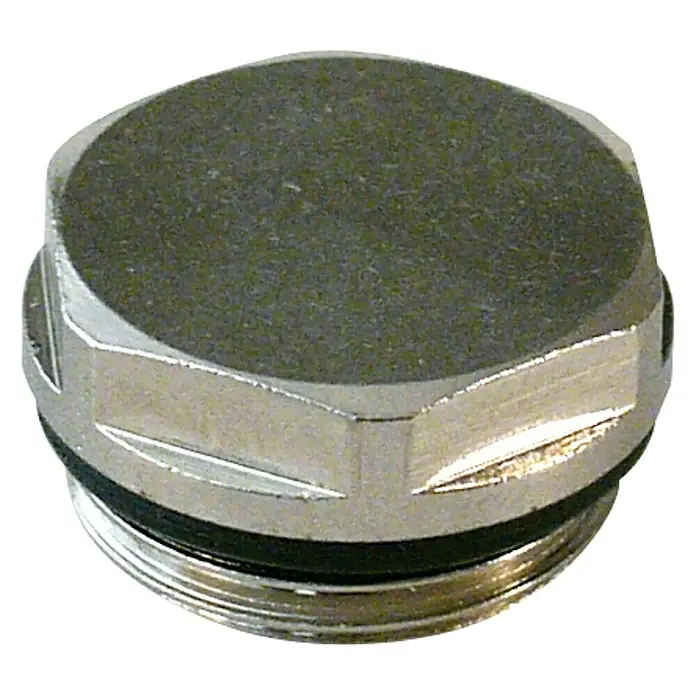 Tapón radiador universal Pack - ½″, 1″, 4 ud. - Primer plano de un tapón de radiador cromado con inserto negro y extremo roscado.